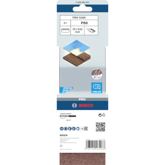 3 шлифовальные ленты Bosch X440 Best for Wood + Paint 75x533мм K80