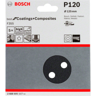 5 шлифлистов Bosch F355 F355 Best for Coatings + Composites 8 отв. Ø125 К120