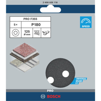 5 шлифлистов Bosch F355 F355 Best for Coatings + Composites 8 отв. Ø125 К180