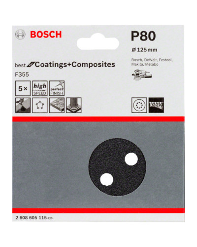 5 шліфлистів Bosch F355 F355 Best for Coatings + Composites 8 відп. Ø125 К80  - фото 2