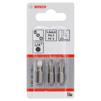 3 біти Extra Hard 25 мм S1.0х5.5 / PH2 / PZ2 Bosch